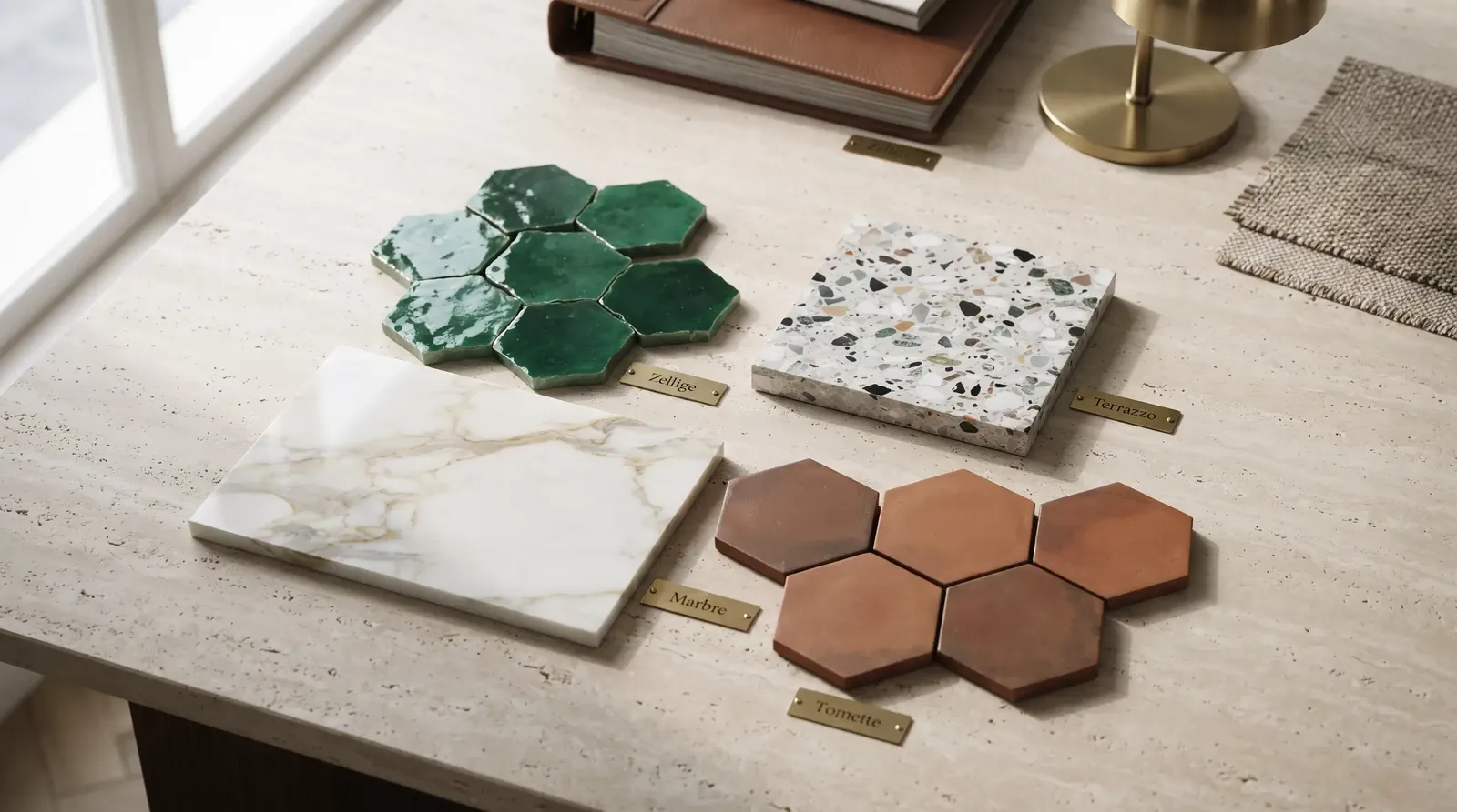 Rendu illustratif : zellige vert, terre cuite, terrazzo et marbre
