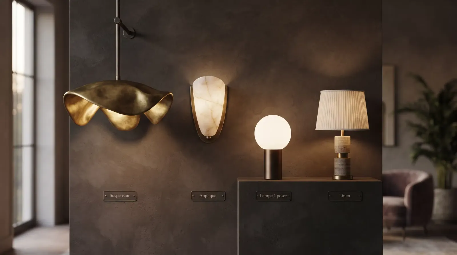 Rendu illustratif : quatre luminaires sur fond bronze